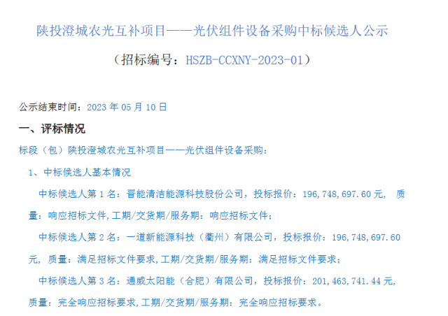 最低1.61元/W！這些企業(yè)擬中標陜投澄城農(nóng)光互補項目組件采購