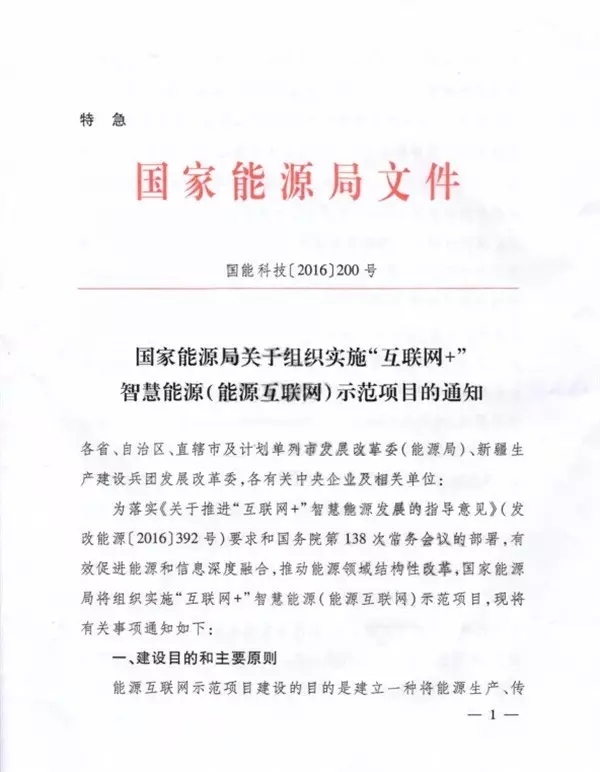 國家能源局關(guān)于組織實(shí)施“互聯(lián)網(wǎng)+”智慧能源示范項(xiàng)目的通知